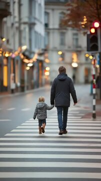 A parent crossing the street with a small child in their grasp at a pedestrian crossing