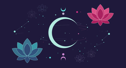 celestial magic background with crescent moon and lotus flowers creating a mystical spiritual atmosphere for meditation and holistic wellness promotion.