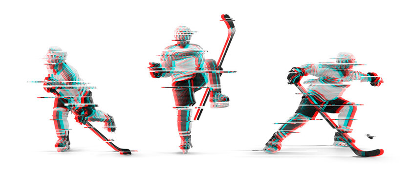Ice hockey players with glitch distortion effect, dynamic motion, winter sport energy, and modern abstract digital art Hockey players in action on a white background - Powered by Adobe