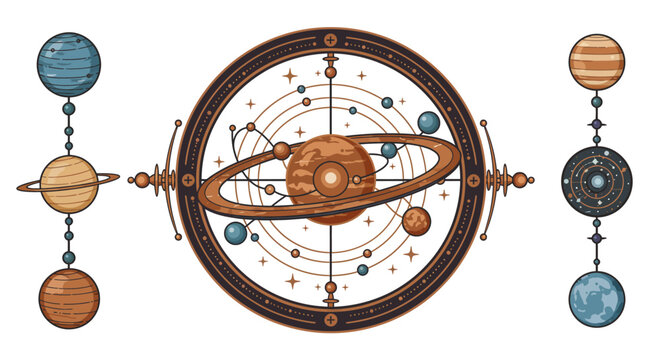 Celestial orrery illustration depicting planets in orbit creating a cosmic display for astrology enthusiasts astronomical diagrams or educational materials.