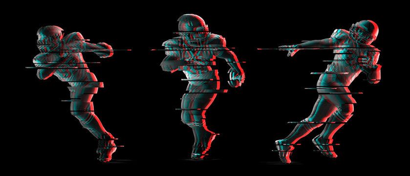 Isolated American football athletes with glitch effect and digital distortion on a black background. Football abstract sport concept. Dynamic motion, and modern digital art aesthetics