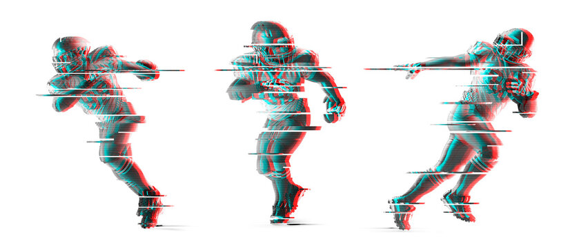 Isolated American football athletes with glitch effect and digital distortion on a white background. Strong motion, run energy, modern RGB shift design, and abstract sport concept
