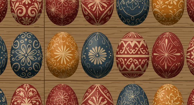 decorated easter eggs on wood planks a colorful assortment with folk art patterns ideal for festive spring holiday themes and traditional celebrations