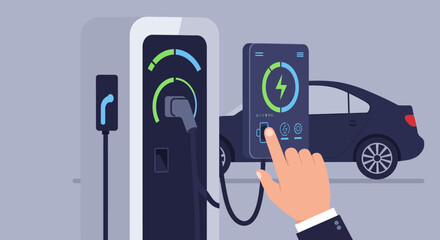 electric car charging hand touching screen at a station for eco-friendly vehicle illustrating sustainability and future transport technology promoting green innovation