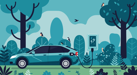 Electric car charging in nature powering a sustainable future parked at charging station amidst serene trees and foliage promoting eco-friendly solutions.