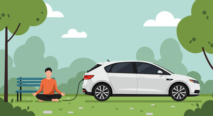 electric car charging man meditating in nature showcasing eco-friendly lifestyle promoting sustainability and mindful practices for green energy adoption