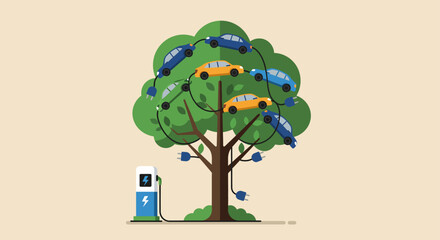 electric car charging station powering a tree of cars symbolizing green energy and sustainable transport solutions ideal for environmental awareness campaigns