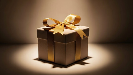 Obraz premium Luxurious Gift Box in Soft Beige Velvet with Gold Ribbon Under Warm Spotlight