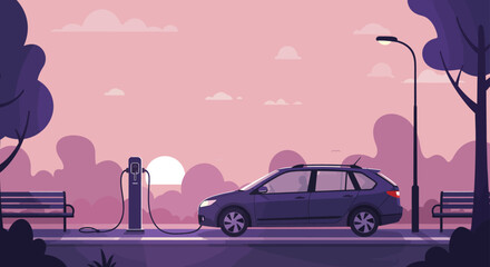 electric vehicle charging at sunset a sustainable transport solution in the city park promoting eco-friendly technology and urban mobility concept