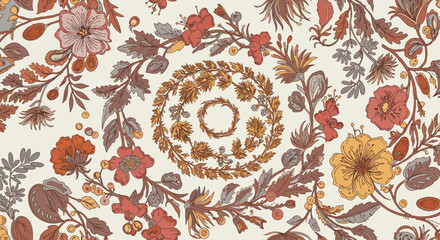 elegant floral pattern vintage botanical design with wreaths for wallpaper textile printing and creating inviting home decor ideal for backgrounds.