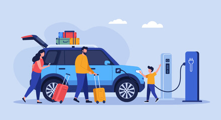 Family charging electric car for road trip sustainable travel modern family vacation ev charging station eco-friendly lifestyle illustrating clean energy