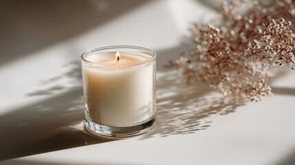 A minimalist lit candle in a glass holder with soft shadows and dried flowers on a clean white surface.