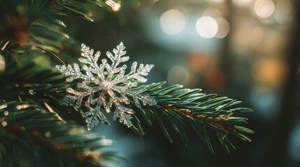 A delicate snowflake rests on a pine branch, illuminated by soft morning light with dreamy bokeh and high detail in a natural winter scene.