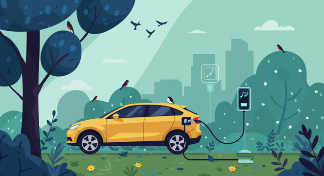 electric car charging in a green environment with birds providing sustainable energy for transportation ideal for showcasing eco-friendly technology