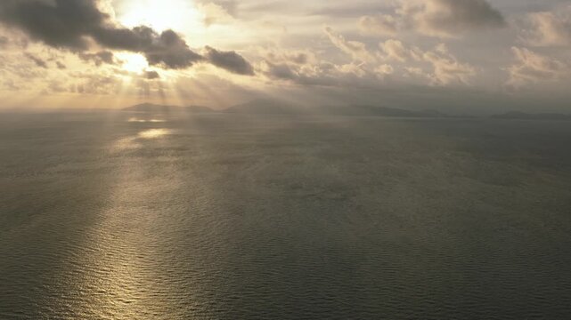 Aerial view of sunset over the sea in the tropics. Seascape. Weh Island. Indonesia.