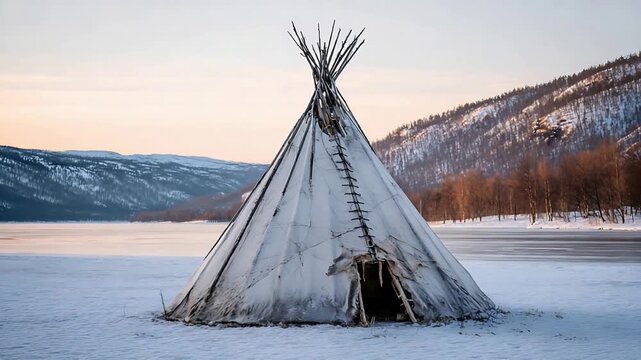 Solitary Arctic Tipi Stands Against Frozen Lake and Snow-Covered Mountains.