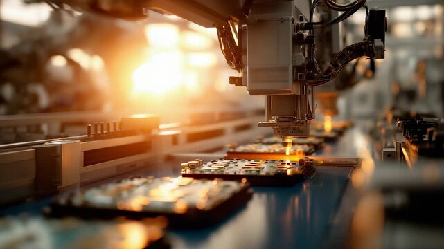 An automated robot arm delicately positions components on a glowing circuit board as the warm sunlight filters through the factory window. This intricate process highlights the syn