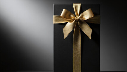 Tall Rectangular Gift Box in Matte Black with Gold Ribbon and Dramatic Lighting