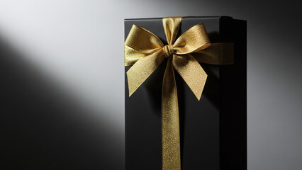 Tall Rectangular Gift Box in Matte Black with Gold Ribbon and Dramatic Lighting