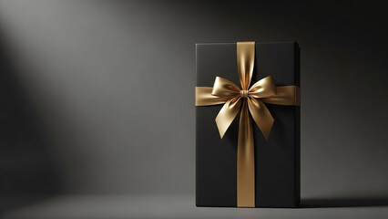 Tall Rectangular Gift Box in Matte Black with Gold Ribbon and Dramatic Lighting