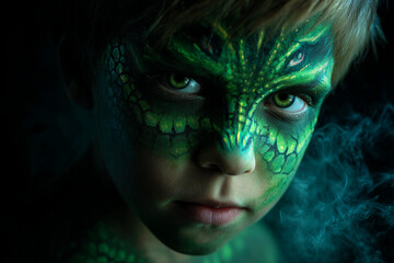 Child with intricate dragon face paint poses confidently against dark background