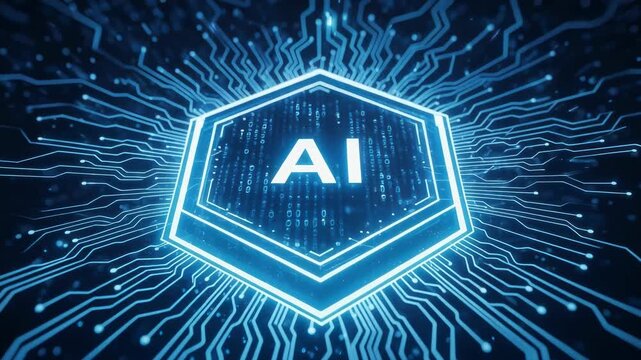 Digital conceptualization of artificial intelligence symbol on an integrated blue glowing circuit board representing advanced technology computing data processing