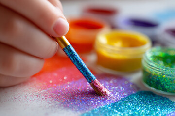 Colorful crafting activity with glitter and paint materials on a table
