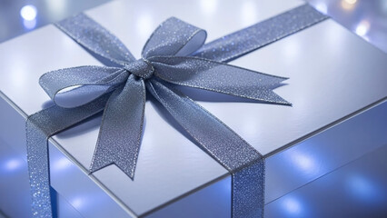 Silver Gift Box with Soft Pearl Shine Under Cool-Toned Holiday Light