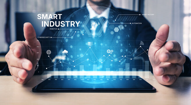 Smart industry dashboard combining automation, robotics, cloud integration, cybersecurity, and data analytics to support intelligent factory systems and real-time monitoring Vouch