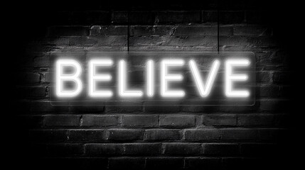 Bright neon sign that reads believe against a dark brick wall