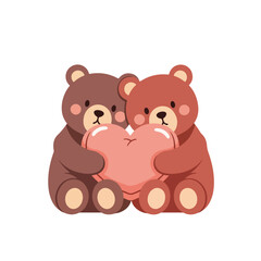 Obraz premium Two cute cartoon bears holding a pink heart together on a white background, conveying Valentine's Day love and affection in a sweet, illustrative style.
