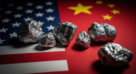 Highly Reflective Metallic Ore Fragments on Overlapping US and Chinese Flags