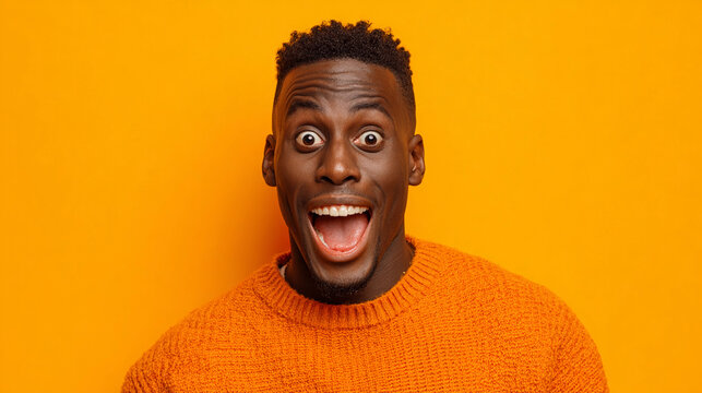 Joyful man expresses excitement against a bright orange background