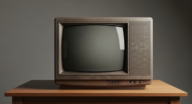 An ultra-realistic image of a classic retro television set from the past, sitting on a wooden desk with a blank screen