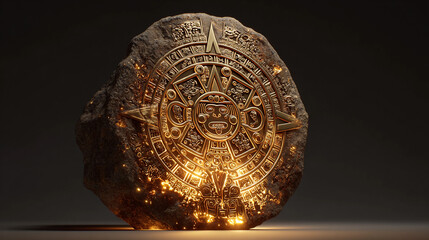 Ancient Aztec stone carving with golden details and glowing effects