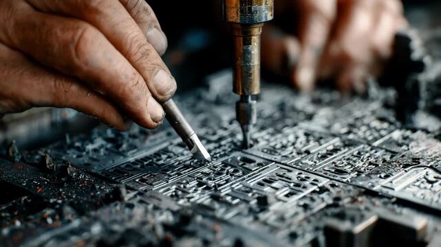 Medium shot of a worker monitoring the blanking process as a machine cuts intricate and irregular metal parts from a flat sheet with precision.