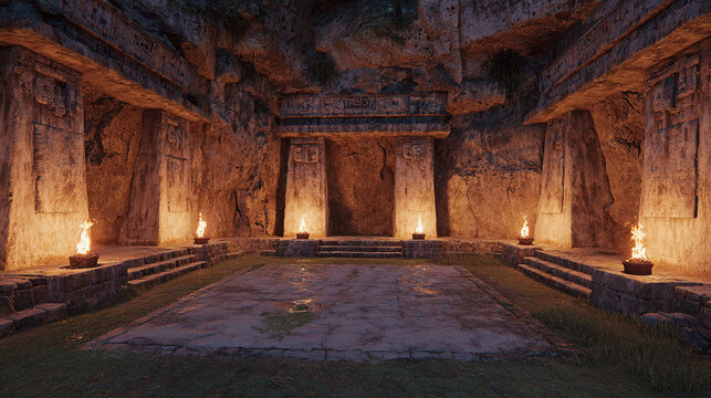 Ancient temple ruins with glowing torches in a sunlit cave