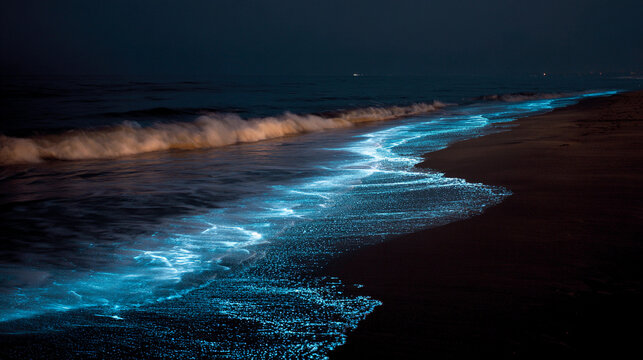 Bright blue waves glow along the shoreline at night - Powered by Adobe