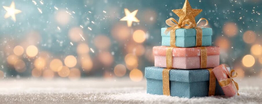 Holiday gifts stacked on snowy surface with glowing bokeh lights and falling snow, creating a festive scene