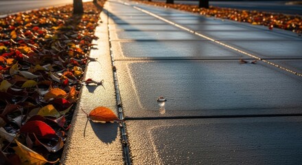 Autumn Pathway Leaves and Light on a Concrete Walkway