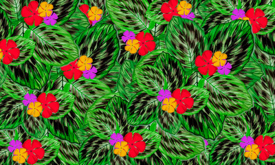 green leaves  with colorful flower  spring nature wallpaper background