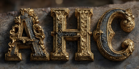 Ornate Vintage Letters A to H : Intricately designed golden letters A, B, C, D, E, F, G, and H in a vintage style