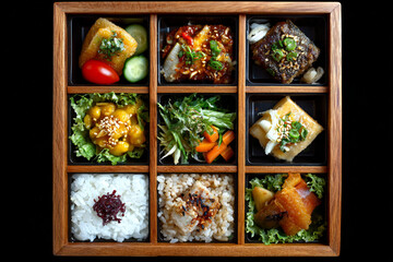 Delicious Japanese bento box featuring various dishes arranged in a colorful display