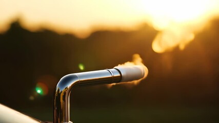 A gleaming exhaust pipe releases a plume of steam as the warm sun sets in the background, casting a golden hue over the scene. This powerful moment captures the spirit of performan