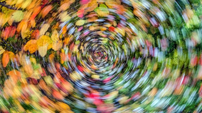 An abstract image of colorful autumn leaves in motion, creating a swirling effect. The leaves are various shades of red, orange, yellow, and green.