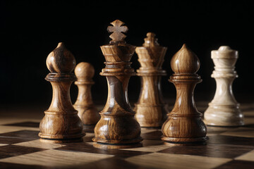 Chess pieces in focus on a wooden board, capturing the strategic essence of the game