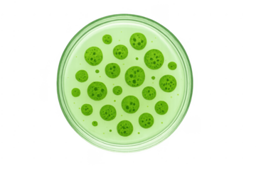 Petri dish showing green microorganisms culture for biology research