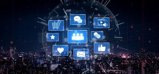 Obraz premium Icons representing social media interaction, communication, and engagement. Social media builds community, social media drives connection, and social media influences behavior. Vouch