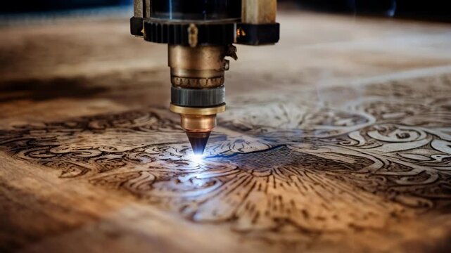 Medium shot of hybrid lasermechanical engraving creating a shallow etched pattern on a wooden surface highlighting precise depth control and fine detail work.