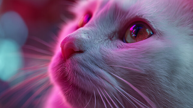 Intense close-up captures the soft fur, whiskers and pink nose of a cat, bathed in neon light, creating a dreamy, ethereal aesthetic for pet lovers